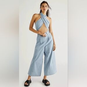 NWT Free People Sasha Convertible Wide-Leg Denim Jeans Jumpsuit Size Medium
